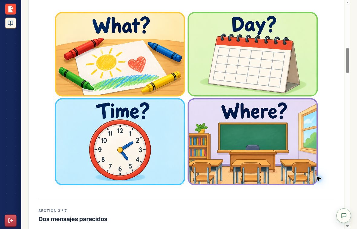 Lección real de inglés en Robin con tarjetas ilustradas: What, Day, Time y Where.